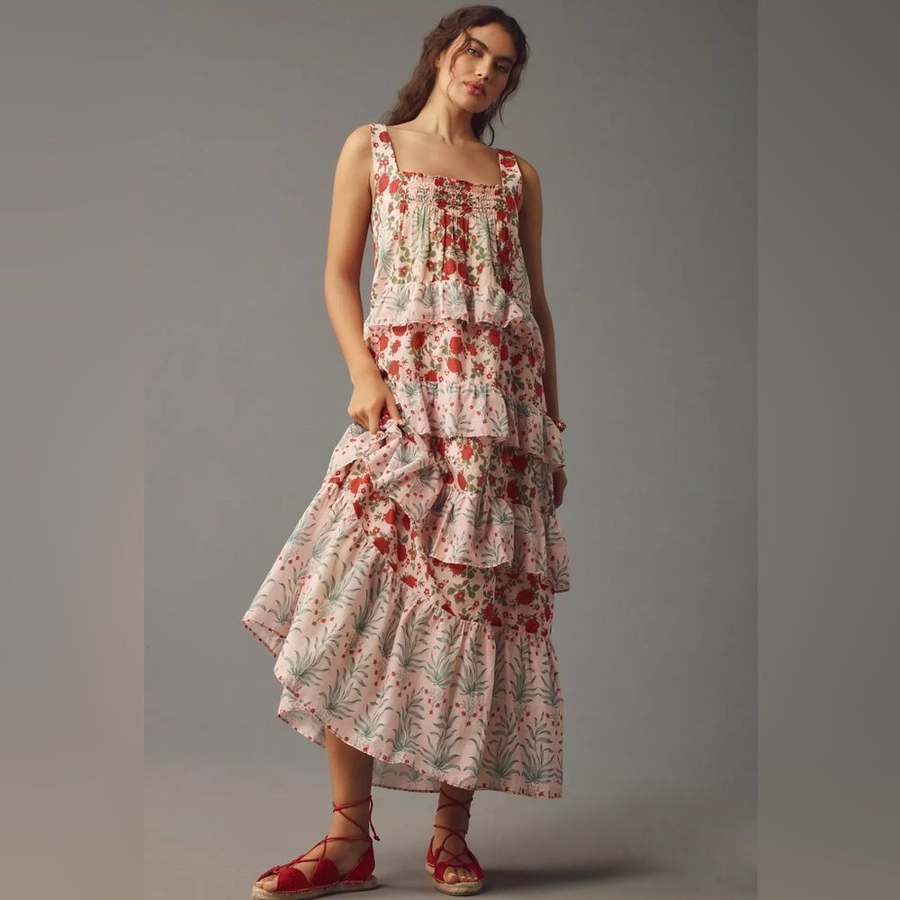New Anthropologie Sleeveless Square-Neck Tiered Midi Dress Size M
